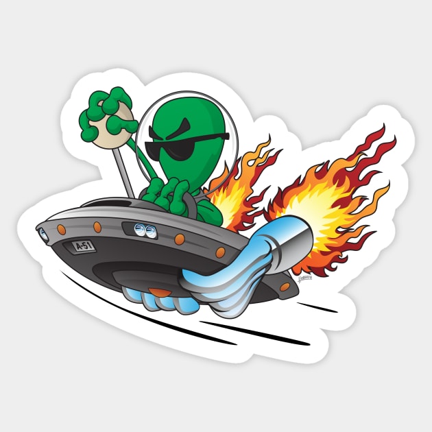 UFO Alien Hot Rod Cartoon Illustration Sticker by hobrath